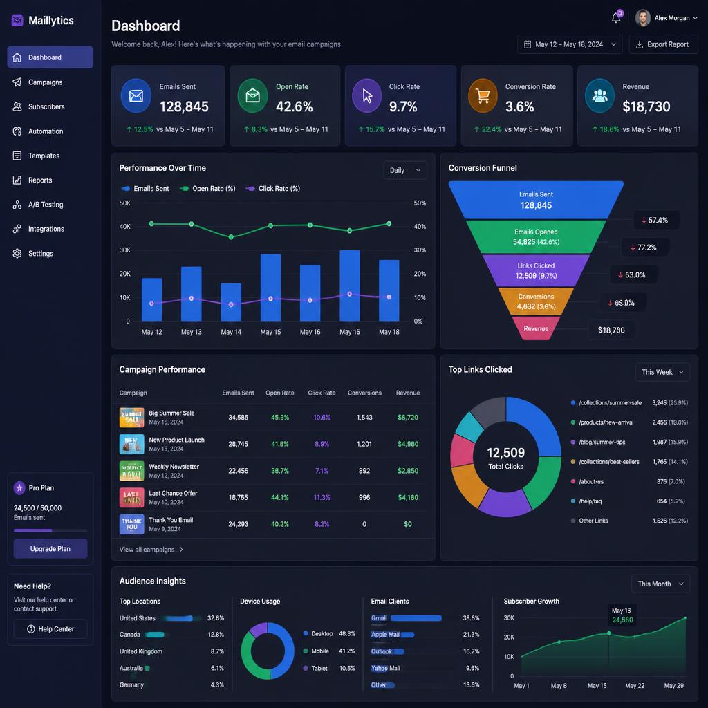Detailed analytics dashboard with email open rates click rates and conversion funnels displayed in vibrant colors