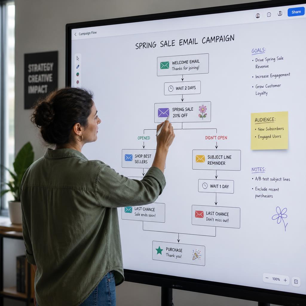 Marketing strategist working on email campaign flow diagram on a large touchscreen display