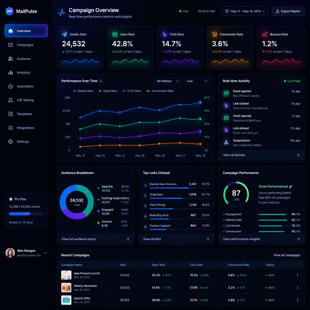 Futuristic digital dashboard showing email campaign analytics with glowing charts and real-time metrics on a dark interface
