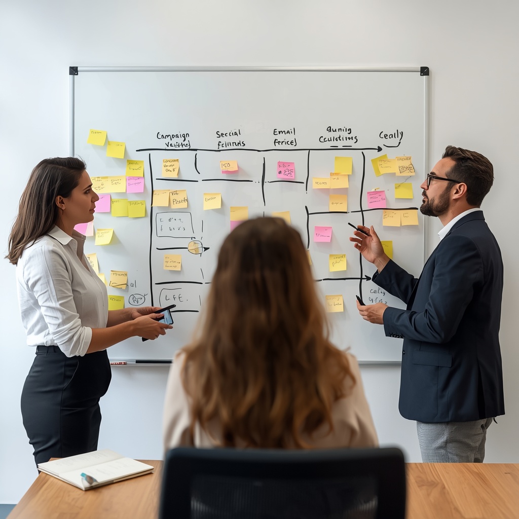 Professional team brainstorming email marketing strategy with sticky notes and whiteboard covered in campaign funnels